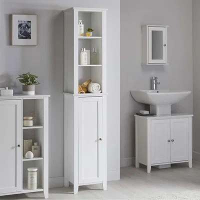 The Range Marble Effect Bathroom Tallboy Storage Cabinet in White - White