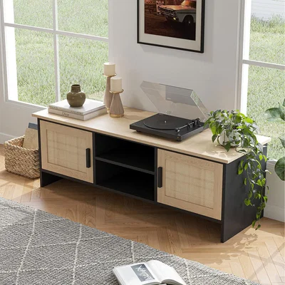 The Range Modern TV Stand Wooden Storage Cabinet with Rattan Doors - Black