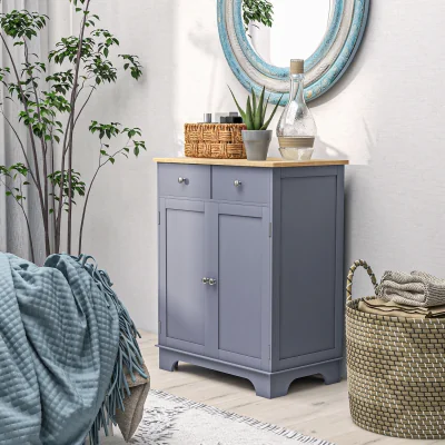 The Range HOMCOM Kitchen Storage Cabinet with Rubberwood Top - Grey