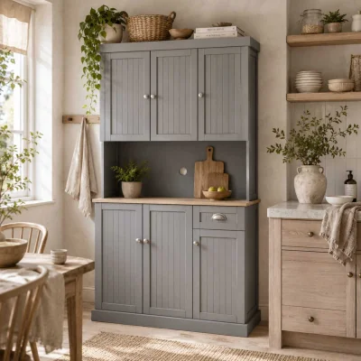 The Range Ririlo Wooden Grey 180 cm Tall Kitchen Storage Cabinet with Open Counter, Drawer and 6 Doors