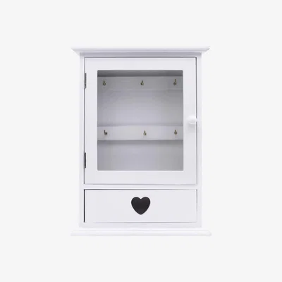 The Range 6 Key Hook Holder Cabinet, White Glass Window Key Storage Box with Drawer - White