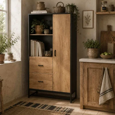 The Range Halefi 160cm Tall Kitchen Pantry Cabinet - Black Frame, Natural Wood-Effect Doors