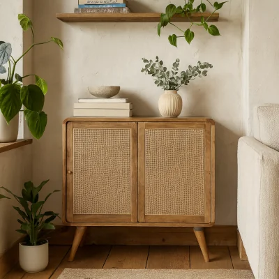 The Range Desenzano Boho Mango Wood Cabinet 2 Woven Rattan Doors 3 Drawers - Brown