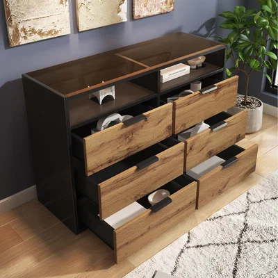 The Range Sideboard Cabinet Dresser with Open Shelves and Amber Glass Chest of Drawers - Oak