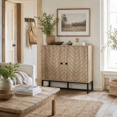 The Range Mizi Liri Natural Oak 2-Door Storage Cabinet with Chevron Pattern
