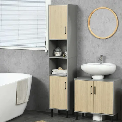 The Range Freestanding Tall Bathroom Storage Cabinet with Door and Shelves - Grey, Light Brown