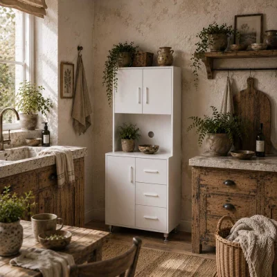 The Range Cohana Wooden White Modern Kitchen Cupboard with 3 Drawers and Open Counter
