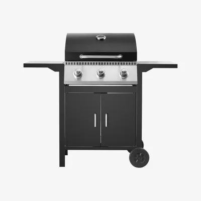 The Range Modern Outdoor Living 3 Burner Gas BBQ - 9kW Stainless Steel Family Grill & Cupboard Storage - Black