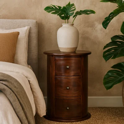 The Range Mezzano 3 Drawer Round Mango Wood Chestnut Drum Cabinet - Brown