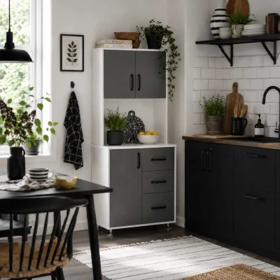 The Range Saseve Wooden Grey Modern Kitchen Cupboard - 3 Drawers, Open Counter, 60 x 40 x 160 cm