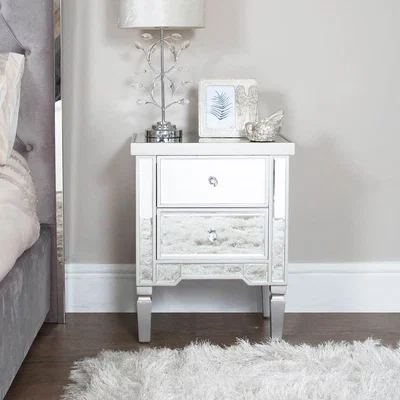 The Range Bedside Table - Treviso 2 Drawer Silver Mirrored Bedside Cabinet Table - Silver