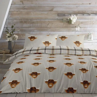Dunelm Fusion Highland Cow Duvet Cover and Pillowcase Set Grey/Brown