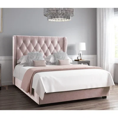 Furniture123 Safina Blush Pink Velvet Small Double Ottoman Bed with Buttoned Headboard