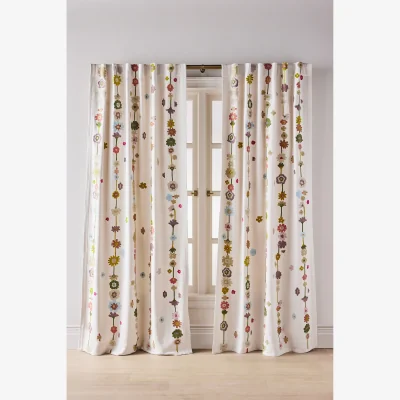 Anthropologie Embroidered Cotton Abstract Floral Curtain