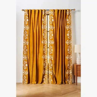Anthropologie Harlowe Floral Embroidered Velvet Curtain