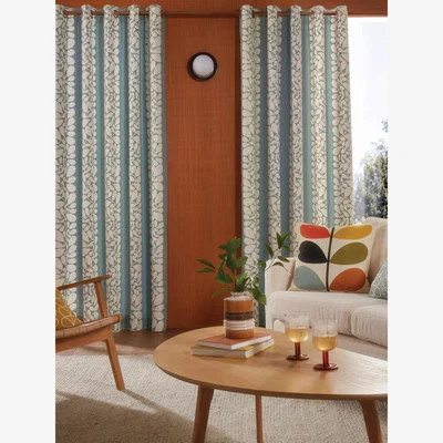 John Lewis Orla Kiely Sycamore Stripe Pair Lined Eyelet Curtains, Duck Egg