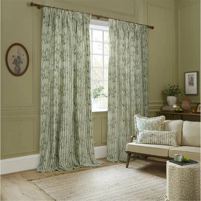 John Lewis Sanderson Chine Lanterns Pair Lined Pencil Pleat Curtains, Sage
