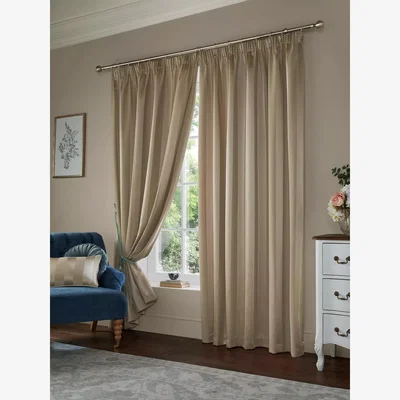 John Lewis Laura Ashley Lille Stripe Pair Lined Pencil Pleat Curtains, Truffle Natural