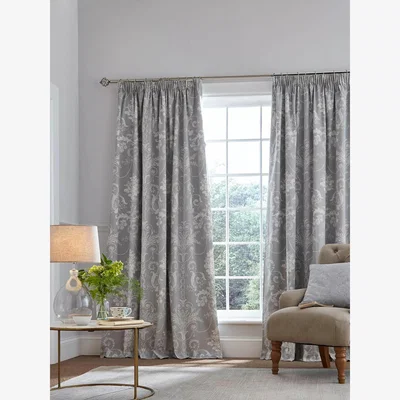 John Lewis Laura Ashley Josette Pair Blackout Lined Pencil Pleat Curtains, Steel