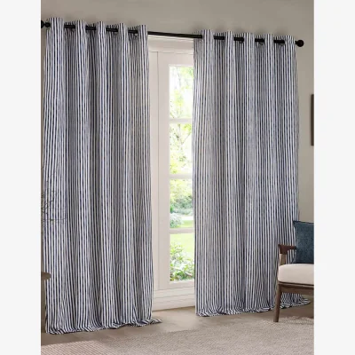Marks & Spencer YARD Hebden Pure Cotton Striped Eyelet Curtains Navy Mix