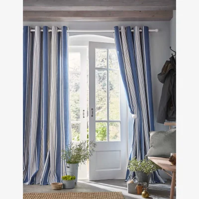 Marks & Spencer Laura Ashley Tiverton Pure Cotton Striped Eyelet Curtains Blue Mix