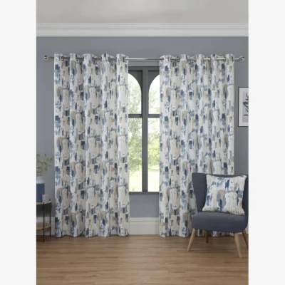 Downtown Sundour Bamford Abstact Lined Eyelet Curtains - Cobalt - W 66 x D 90