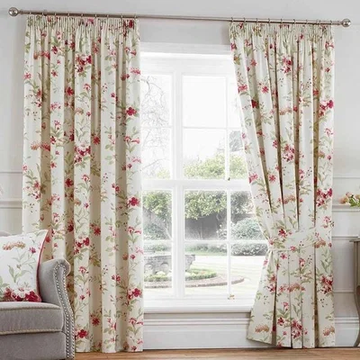 Downtown Fusion Jeannie Floral Lined Tape Top Curtains Red - 66x54, Cotton