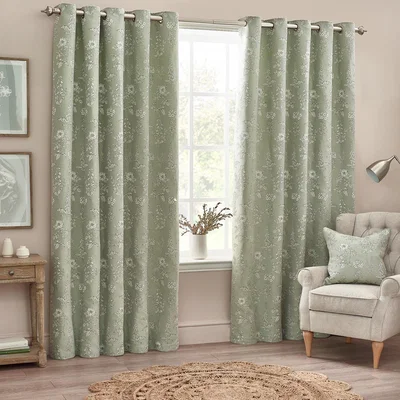 The Range Set of 2 Sophia Jacquard Floral Eyelet Curtains - Sage / 117cm / 183cm