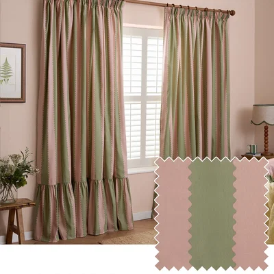 The Range Birdie Stripe Fully Lined Ruffle Pencil Pleat Curtain Pair - Pink-Green / 168cm / 229cm