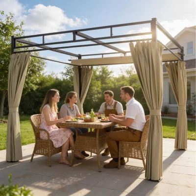 The Range Outsunny 3 x 3 m Garden Pergola with Retractable Canopy and Curtains - Brown