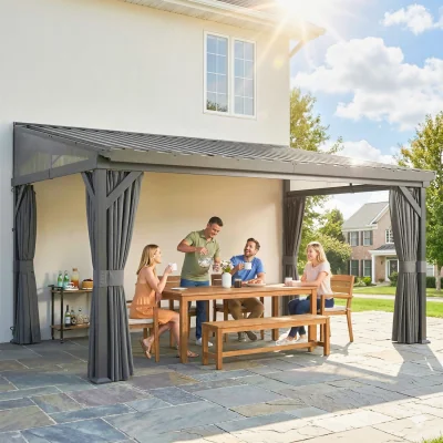 The Range Outsunny 4.3 x 3 m Lean to Garden Pergola with Netting Curtains - Dark Grey