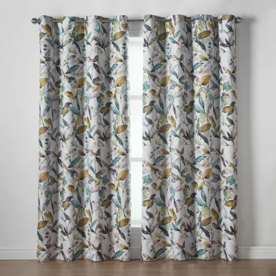 The Range Blackout Watercolour Printed Ring Top Curtains - Green / 168cm / 137cm