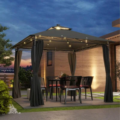 The Range Outsunny 3 x 3 m Double Roof Garden Gazebo with Curtains - Dark Grey