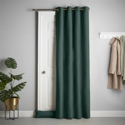 The Range Velvet Chenille Thermal Fleece Lined Ring Top Door Curtain - Green