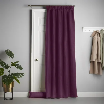 The Range Velvet Chenille Thermal Fleece Lined Pencil Pleat Taped Top Door Curtain - Aubergine