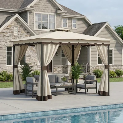 The Range Breeins Tiered Roof Metal Frame Patio Gazebo with Curtains - Beige / 400cm