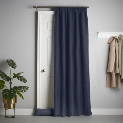 The Range Velvet Chenille Thermal Fleece Lined Pencil Pleat Taped Top Door Curtain - Navy