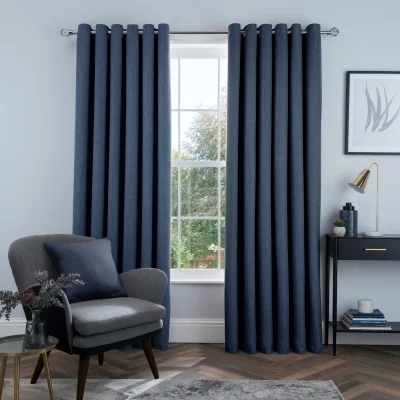 The Range Luxury Linen Look Eyelet Blackout Lined Curtains - 2 Panels - Navy