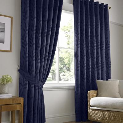 The Range Faux Silk Dupion Leaf Jacquard Ring Top Curtains - Navy Blue