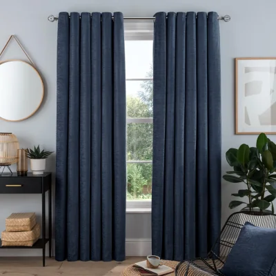 The Range Luxury Chenille Eyelet Lined Curtains - 2 Panels - Navy