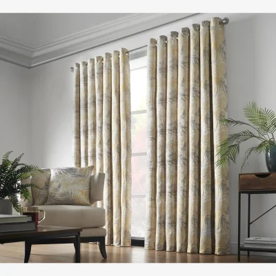 The Range Faux Silk Dupion Fern Jacquard Ring Top Curtains - Ochre