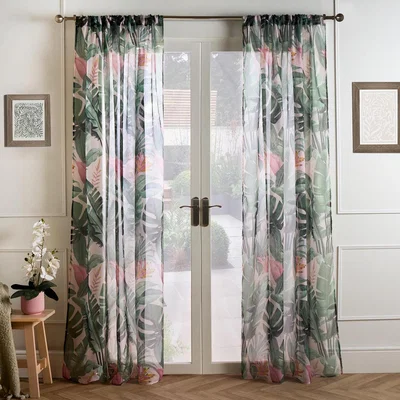 The Range Pair of Tropical Leaf Voile Curtains - Green