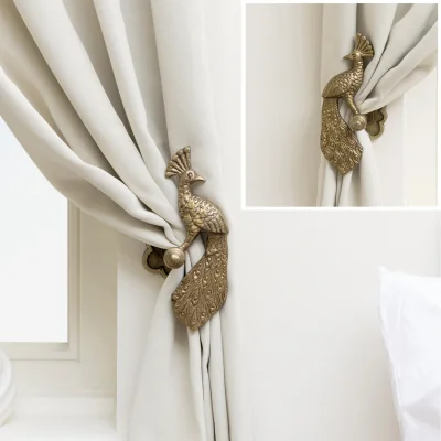 The Range Set of 2 Metal Peacock Curtain Tie Backs - Antique Brass Gold