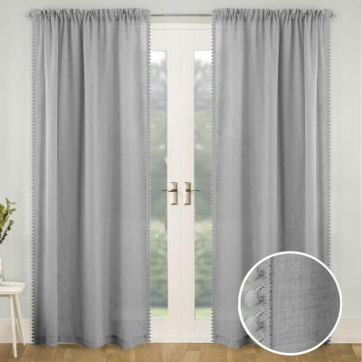 The Range Pair of Slot Top Sheer Voile Panels with Pom-Pom Trim - Grey / 137cm