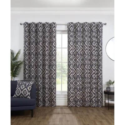 The Range Marrakech Fully Lined Floral Curtains Eyelet Polycotton Navy 117cm x 183cm Pair - Navy