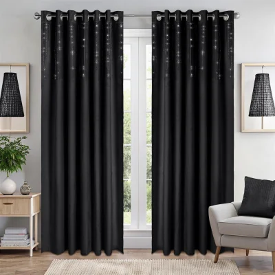 The Range Triple Woven Blackout Velvet Ring Top Curtains with Cascading Diamante Studs - Black / 168cm / 183cm