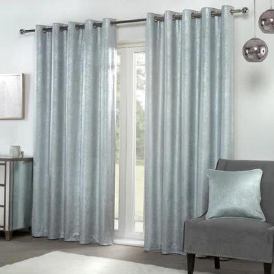 The Range Duck Egg Blue Velvet Shimmer Metallic Eyelet Ring Top Lined Ready Made Curtains - Duck Egg / 3.7kg