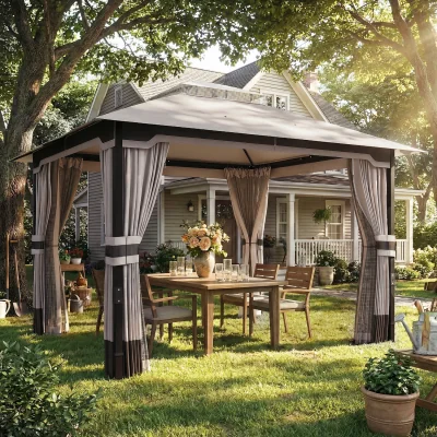 The Range Outsunny 3 x 3.6 m Outdoor Garden Gazebo with Netting, Curtains, Khaki - Khaki