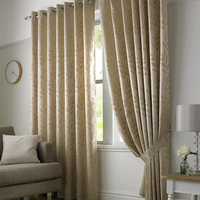 The Range Faux Silk Dupion Leaf Jacquard Ring Top Curtains - Latte