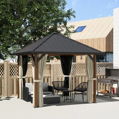 The Range Outsunny 3 x 3(m) Hardtop Gazebo with Netting and Curtains - Brown